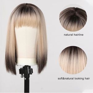 Ombre Brown Blonde Bob Wigs with Bangs Short